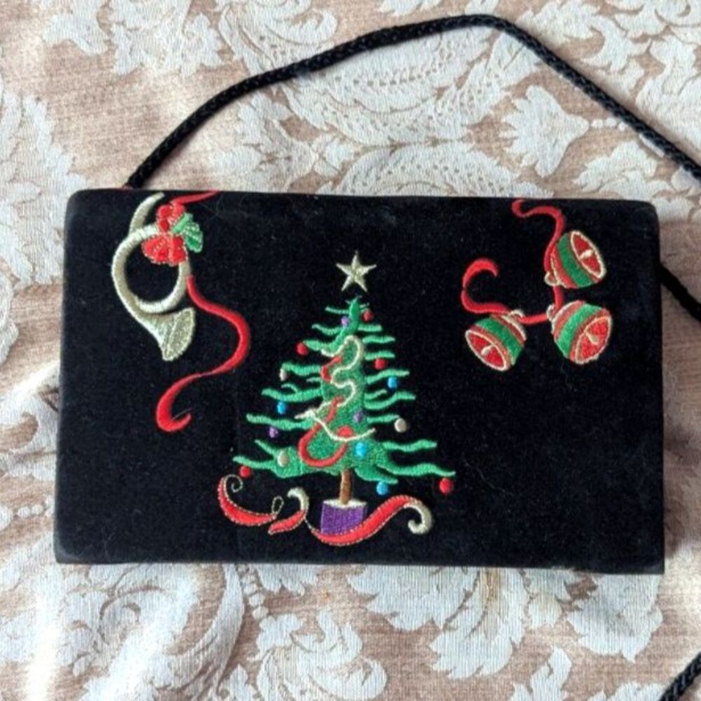 Vintage Black Velvet Purse Embroidered Tree Bells Horn Evening Holiday Bag